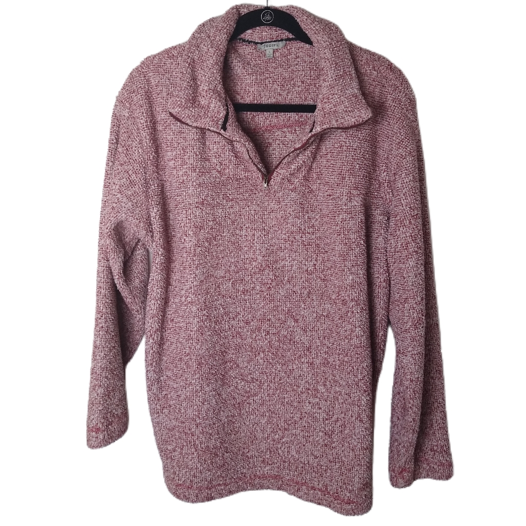 Jodifl Women's Sweater Red White Size L Nubby Fuzzy Anthropologie Pockets Euc